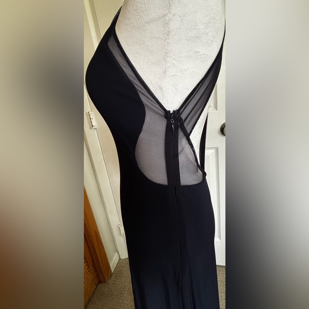 Night Way Collections Deep Blue Formal Gown with Mesh Bodice Detail and Slit - Picture 5 of 8